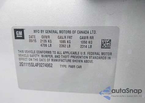 2015 Chevrolet Impala 1Lt z USA, uszkodzony, nr VIN 2G1115SL4F9274962